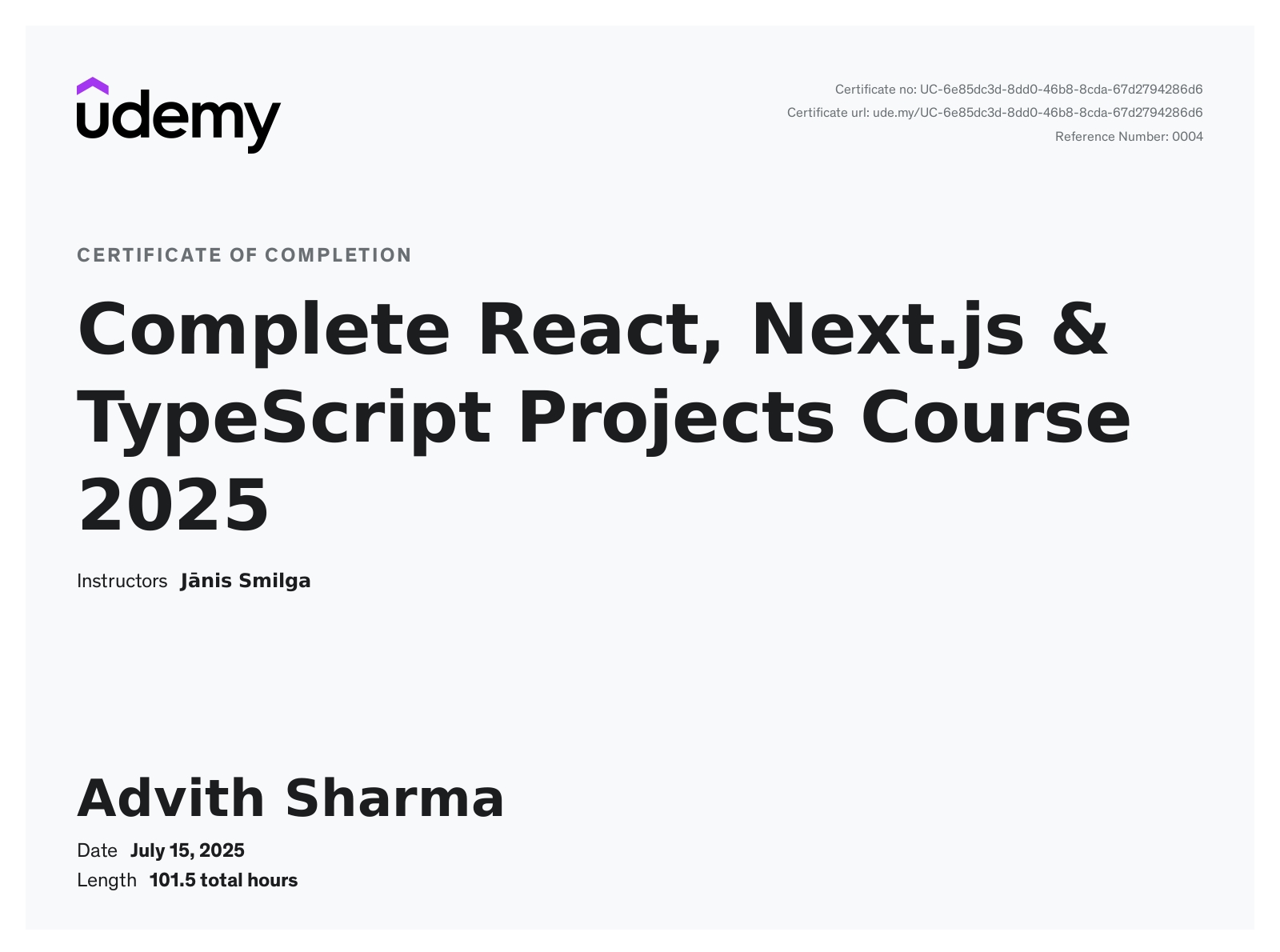 Complete React, Next.js & TypeScript Projects Course 2025 Certificate